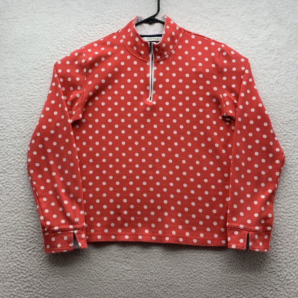 Orvis Fleece Jacket Womens Medium M 1/4 Zip Red White Polka Dot Flip Cuff Thin‎